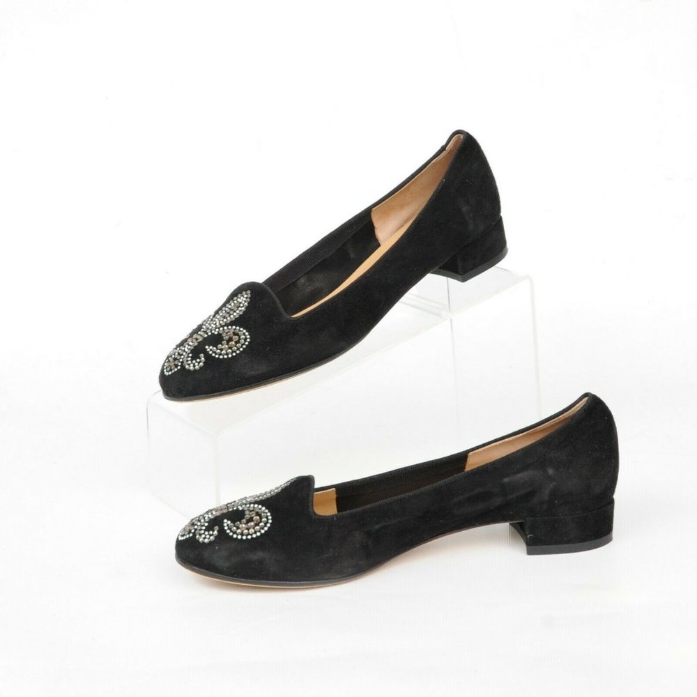 Sesto Meucci Black Suede Leather Fleur De Lis Sequin Flat Shoes Womens 8 N Dress